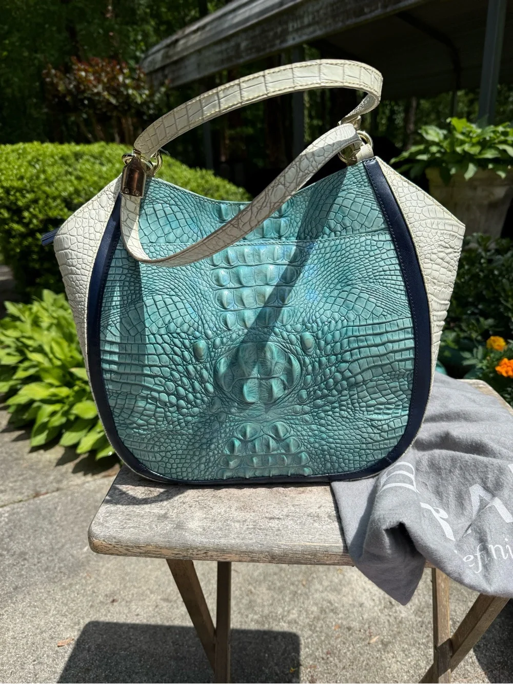 Brahmin White & Turquoise Croc-Embossed Shoulder Bag with Navy Trim